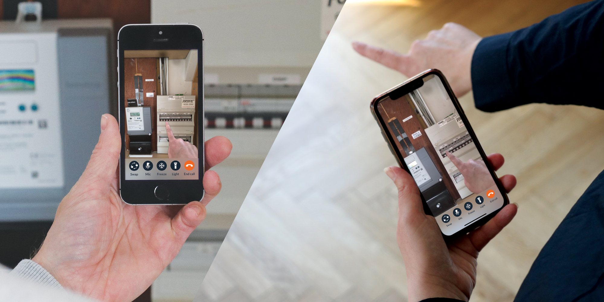 Two people using ShowMe assist on their phones: one points at a fuse box while the other's hand appears on top of the live video